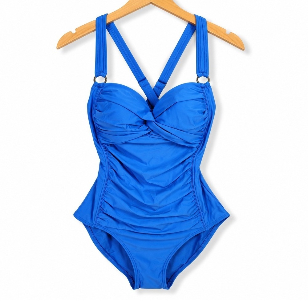 DKNY One Piece Swimsuit Women XL Blue Ruched Twist Front Tummy Control Beachwear
